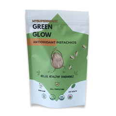 Green Glow antioxidant pistachios packaging on a white background