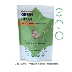 Package of Mysupersnack Green Glow Antioxidant Pistachios on a white background