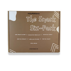 Brown box labeled 'The Snack Six-Pack' with white text on a white background