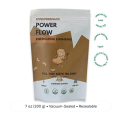 MYSUPERSNACK Power Flow Energizing Cashews packaging on a white background
