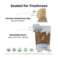 MYSUPERSnack Power Low packaging with sealing features and product illustration on a white background.