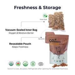 Co-Branded Core Strength almonds packaging with vacuum-sealed inner bag and resealable pouch on a white background.
