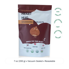 Package of MYSUPERSNACK Heart Hug Nourishing Hazelnuts on a white background