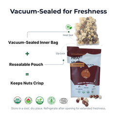 Vacuum-sealed packaging for nuts with text explaining freshness preservation.