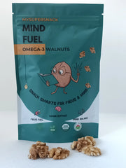 Mysupersnack Mind Fuel Omega-3 Walnuts packaging with cartoon walnut character on a white background