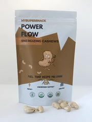 MYSUPERSNACK Power Flow Energizing Cashews packaging with cashews on a white background