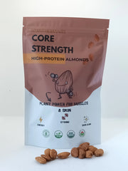 Package of 'Core Strength High-Protein Almonds' with illustrations and text on a white background