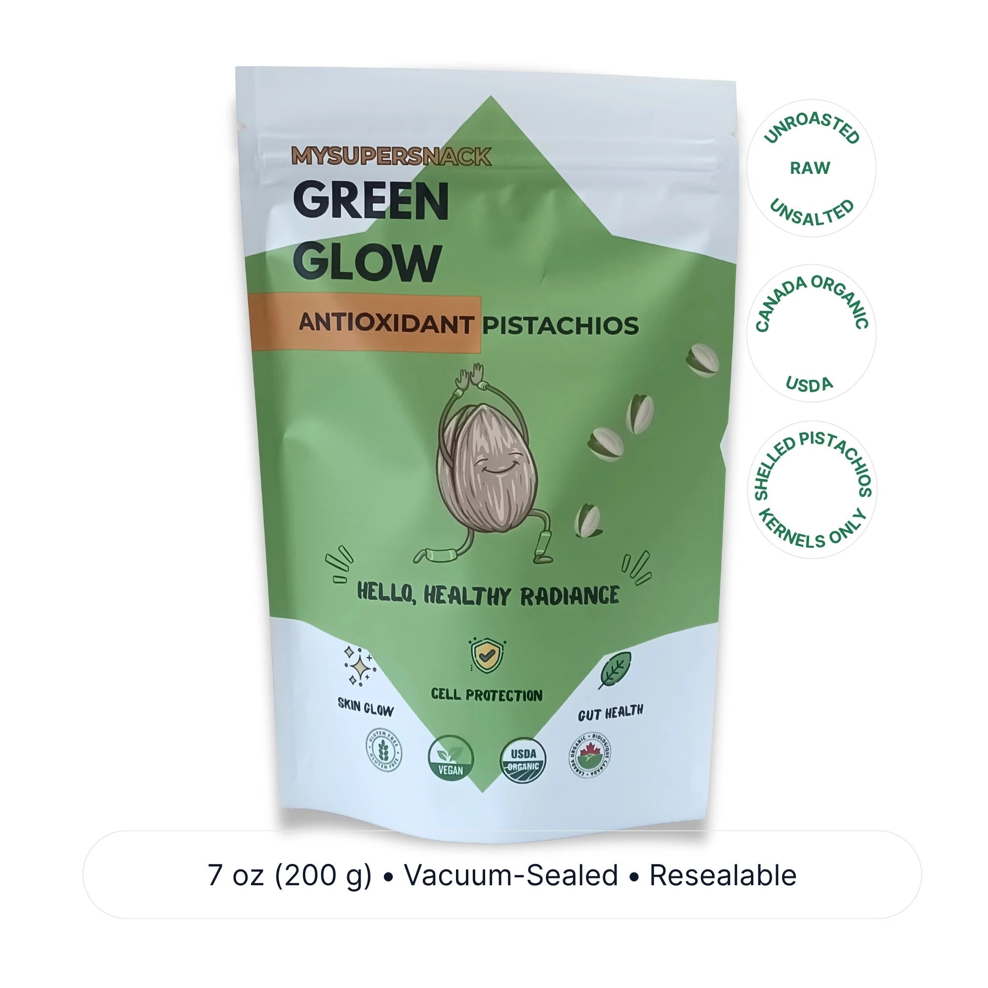 Package of Mysupersnack Green Glow Antioxidant Pistachios on a white background