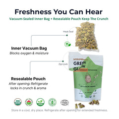 Pistachio packaging with vacuum-sealed inner bag and resealable pouch features on a white background.