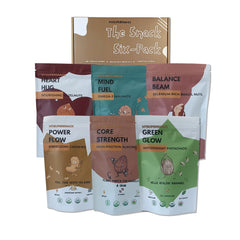 Six-pack of MYSUPERSNACK snack packages with a cardboard box labeled 'The Snack Six-Pack' on a white background.