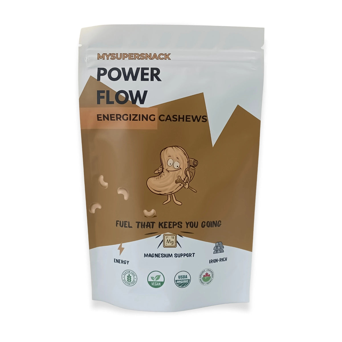 MYSUPERSNACK Power Flow Energizing Cashews packaging on a white background