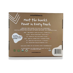 Back of a cardboard box with 'MYSUPERSNACK' branding and product information.