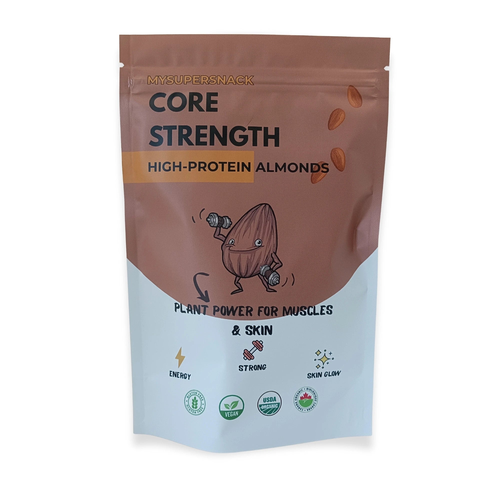 Package of 'Core Strength High-Protein Almonds' with cartoon almond character on a white background