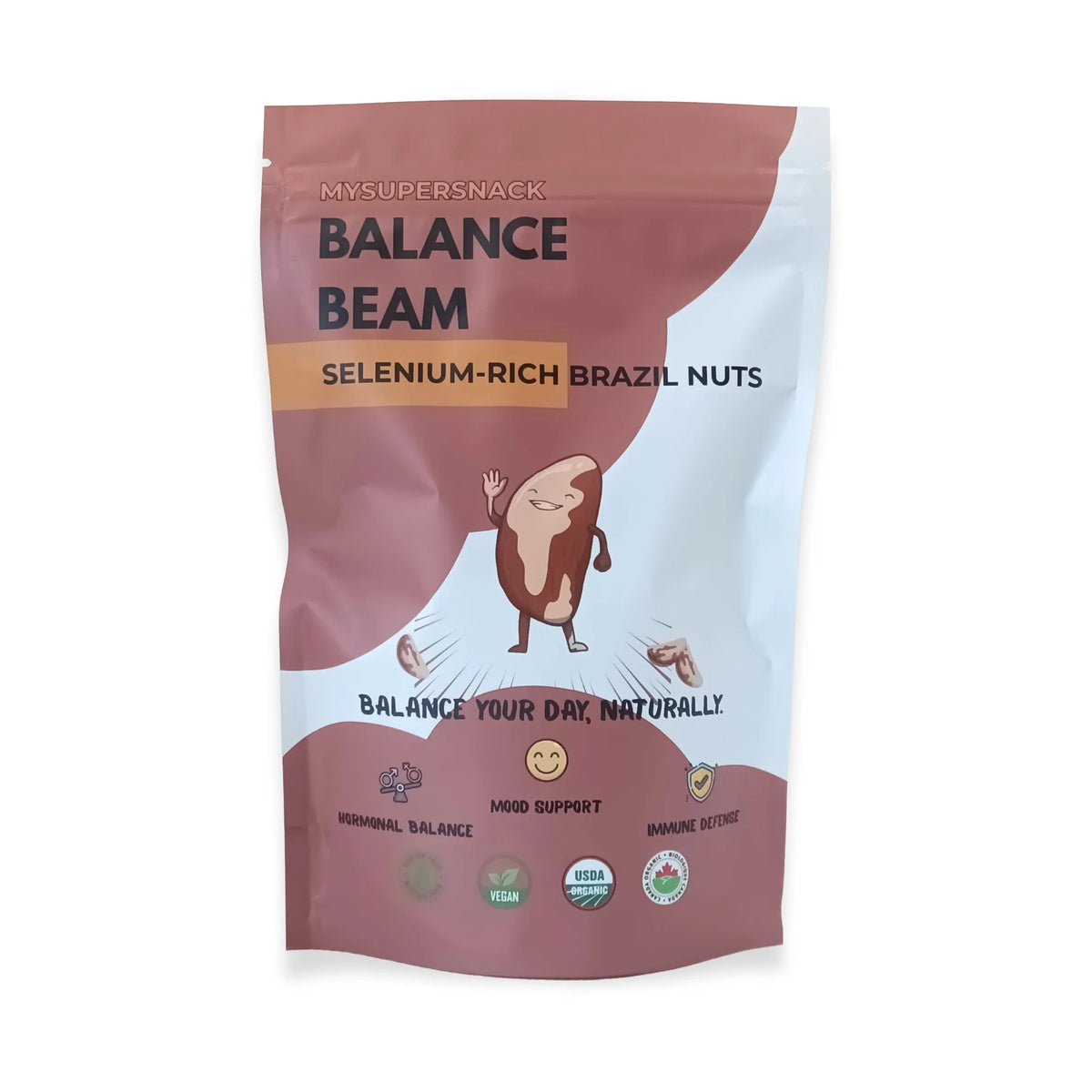 Package of Balance Beam Selenium-Rich Brazil Nuts on a white background