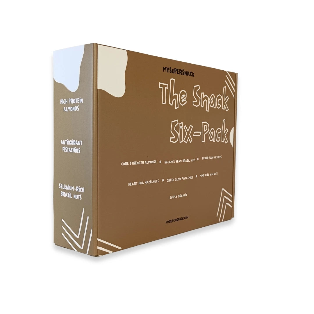 Brown box labeled 'The Snack Six-Pack' with white text on a white background