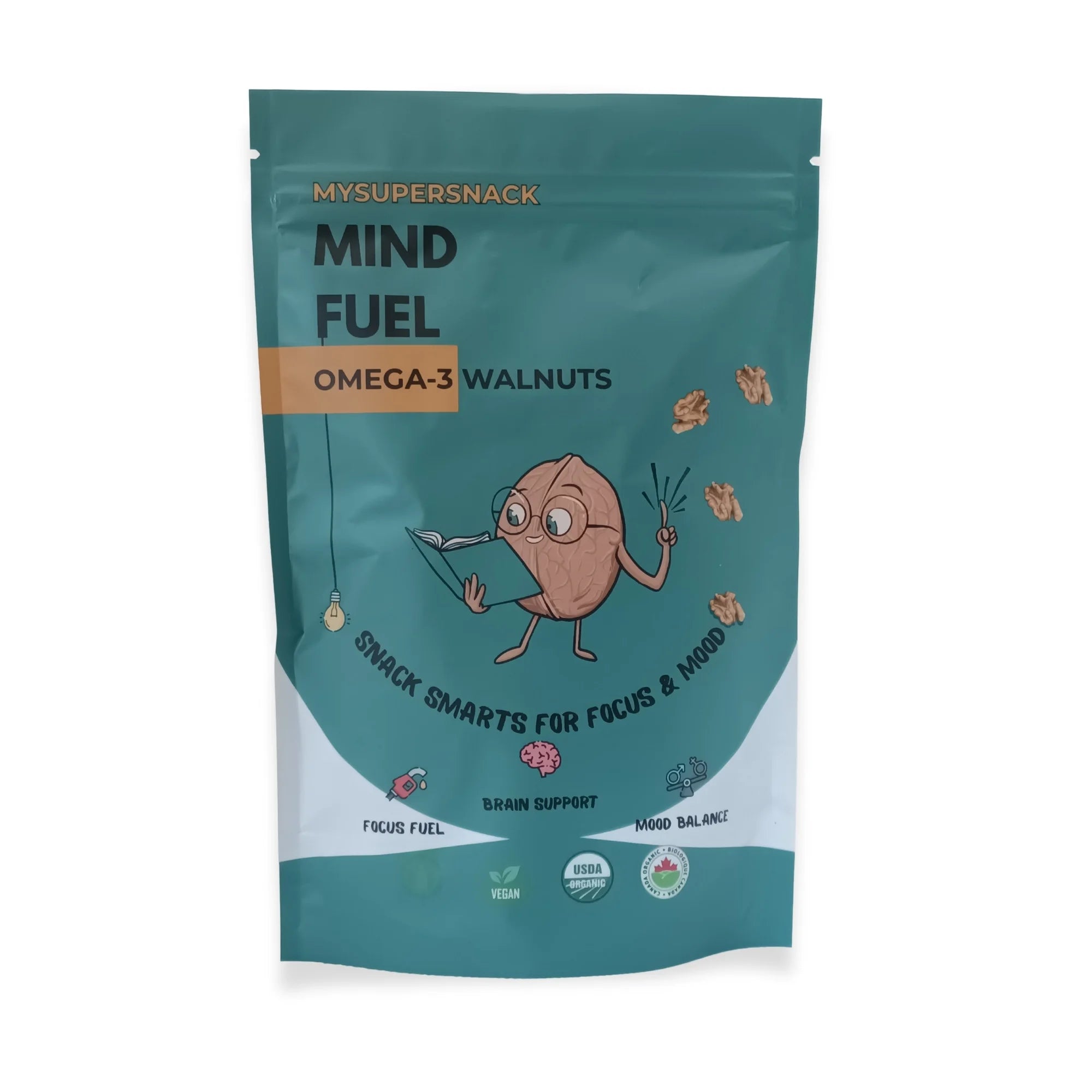 Teal package of MYSUPERSNACK Mind Fuel Omega-3 Walnuts on a white background