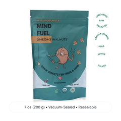 Package of 'MIND FUEL' Omega-3 Walnuts with branding and product details on a white background