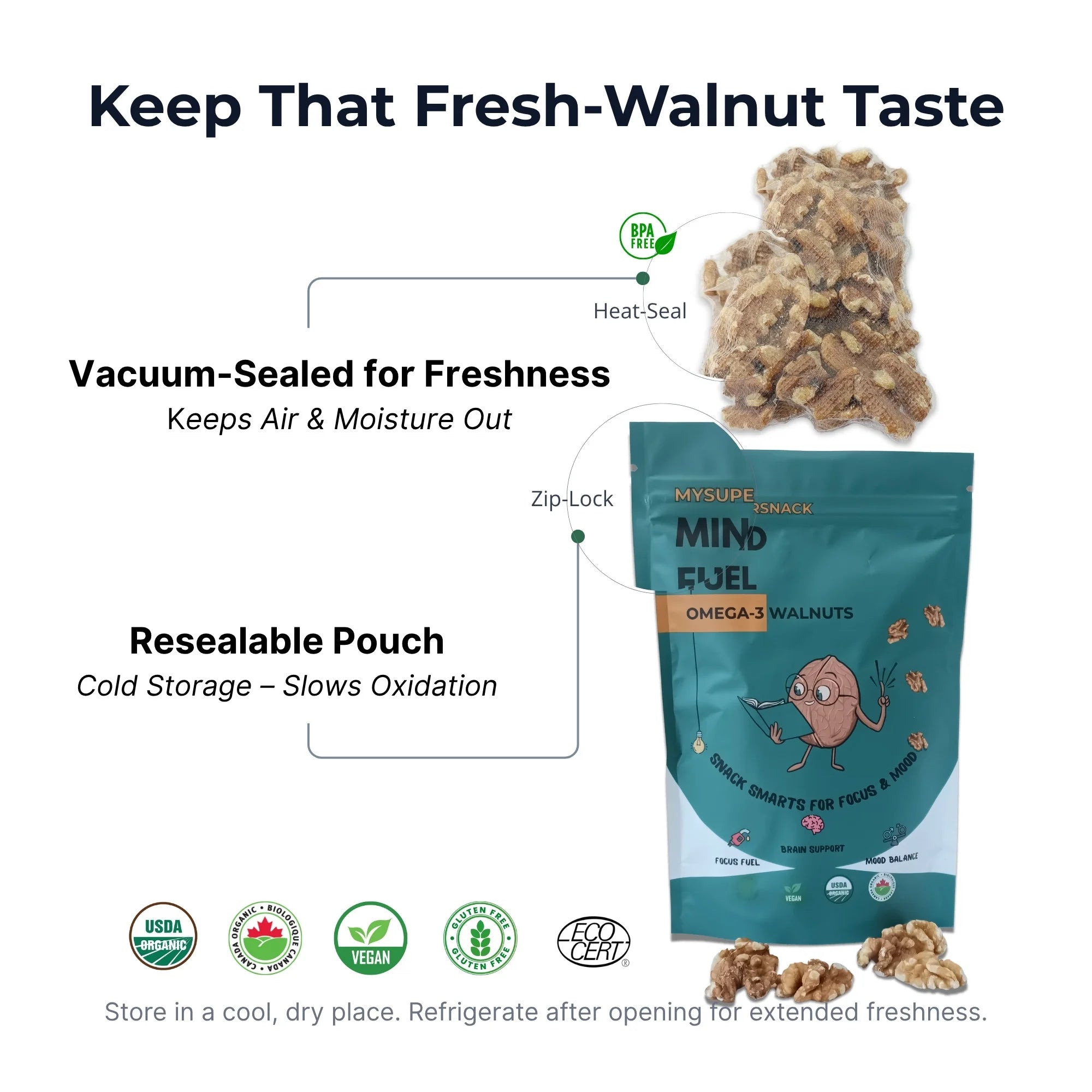Packaging of Omega 3 Walnuts with text on freshness and storage.