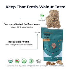 Packaging of Omega 3 Walnuts with text on freshness and storage.