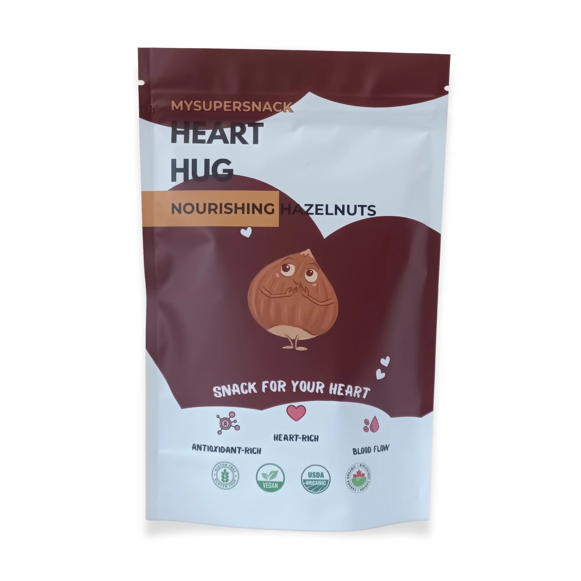 Snack package labeled 'Heart Hug' with a cartoon hazelnut on a white background