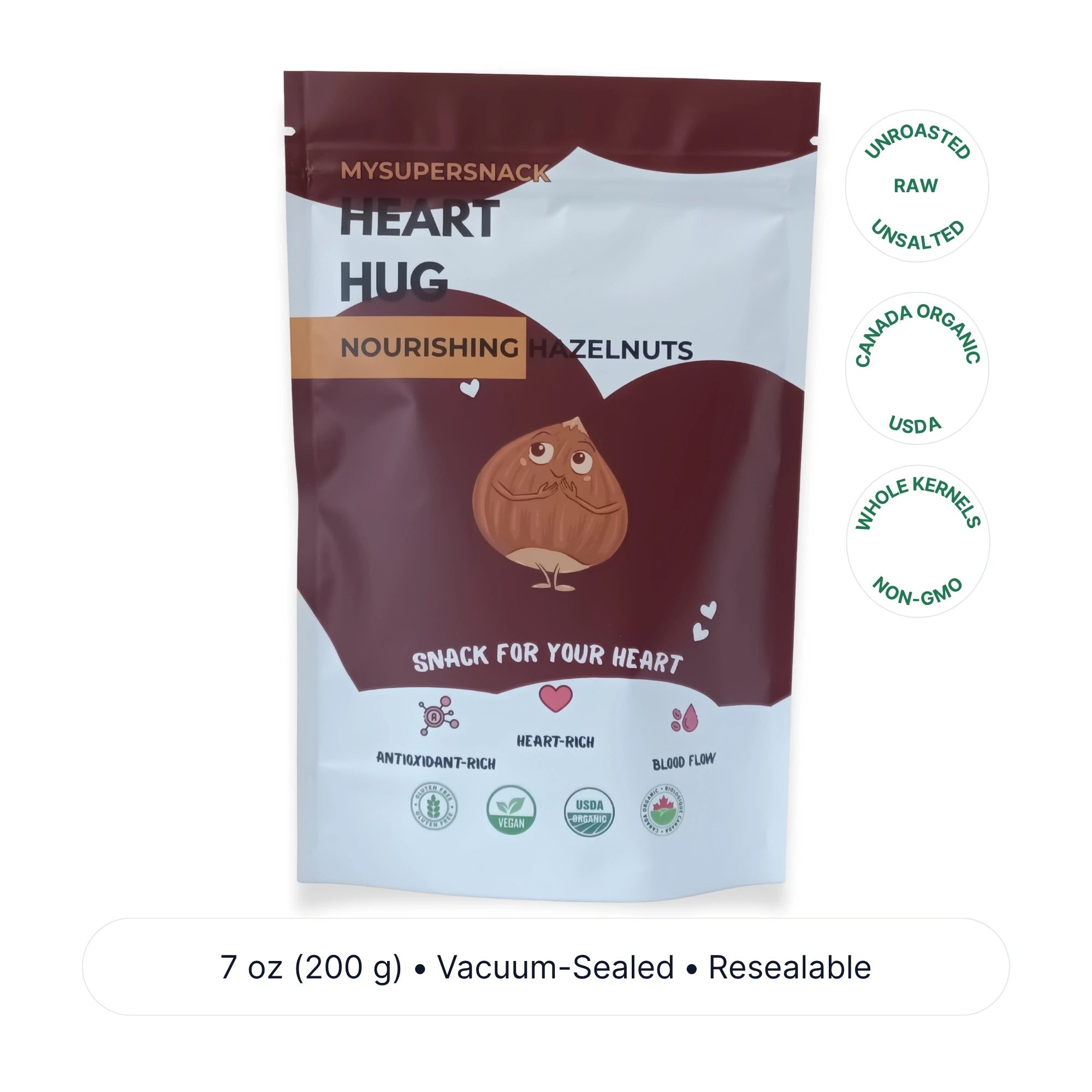 Package of MYSUPERSNACK Heart Hug Nourishing Hazelnuts on a white background