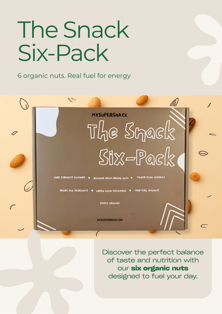 Snack Six-Pack packaging with organic nuts on a light background