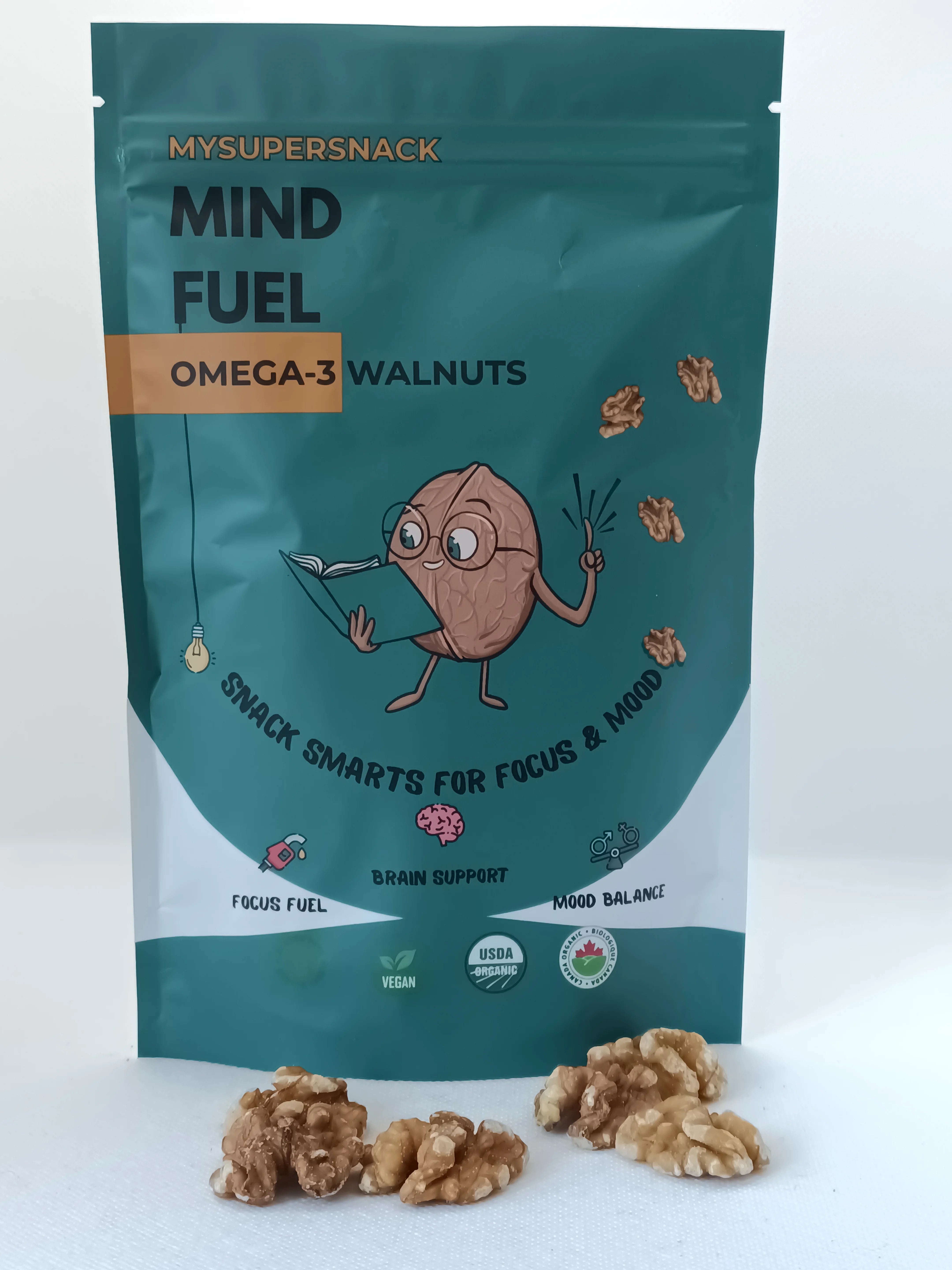 Mysupersnack Mind Fuel Omega-3 Walnuts packaging with cartoon walnut character on a white background