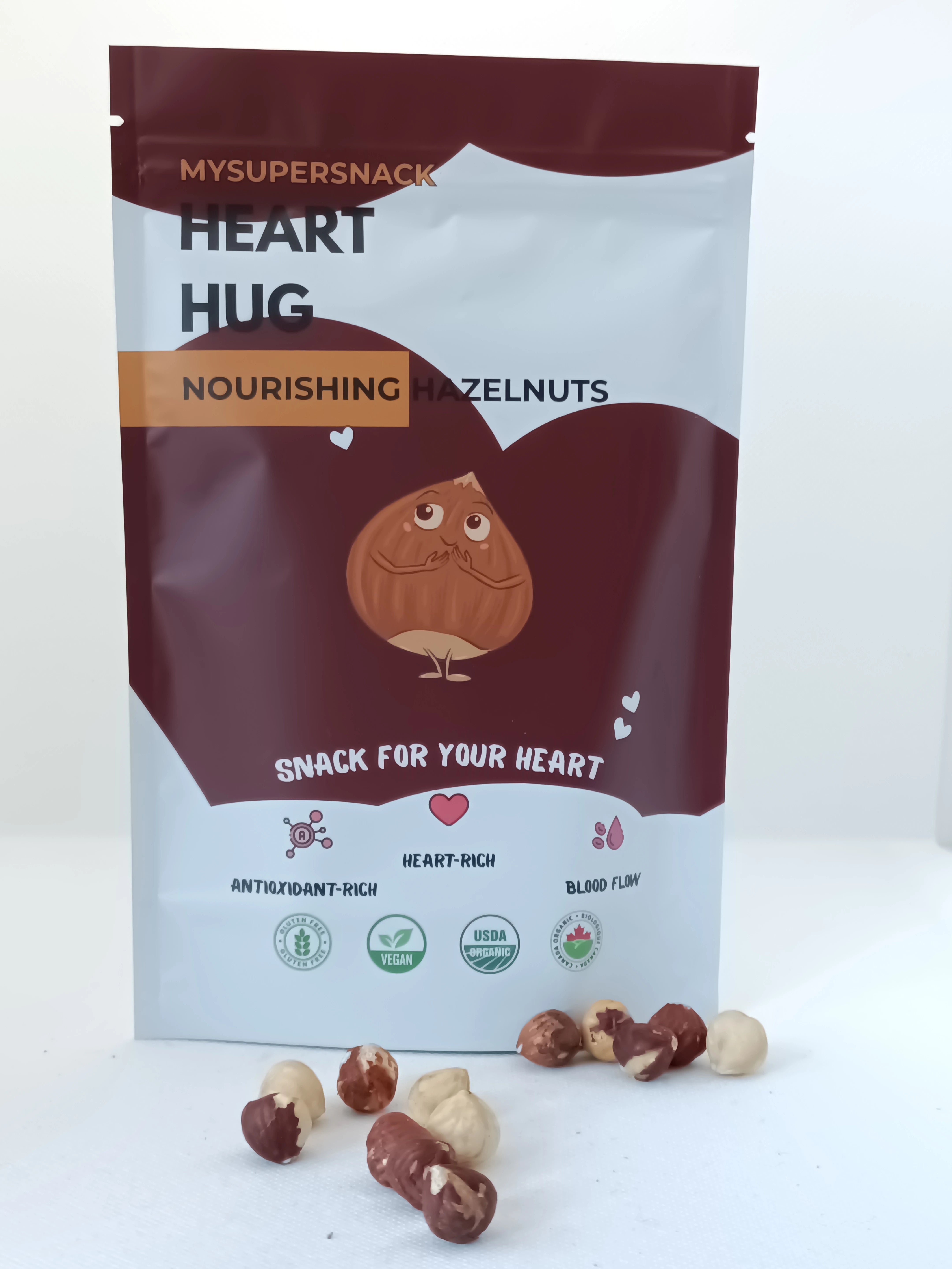 Mysupersnack Heart Hug hazelnut snack package on a white background