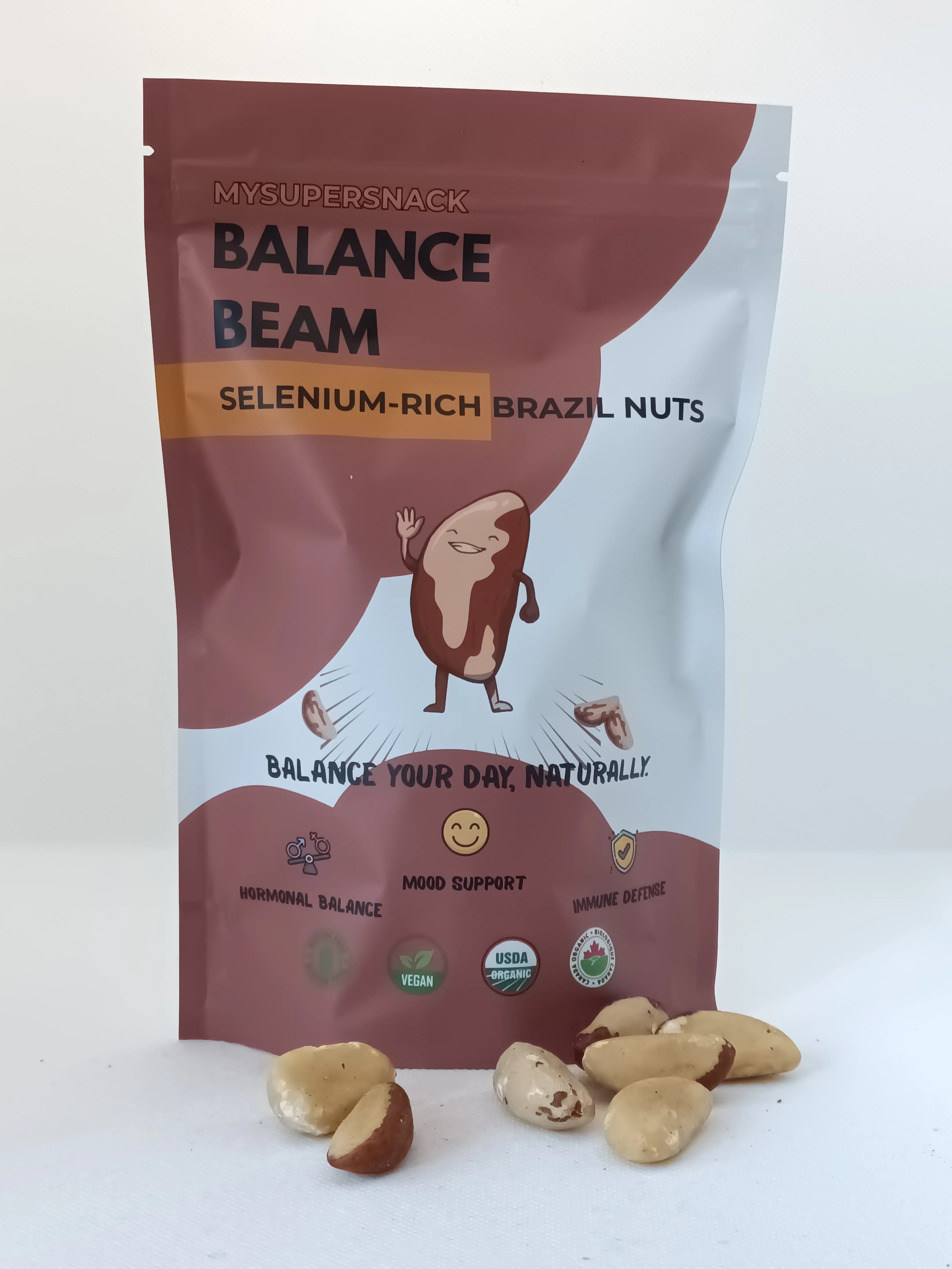 Bag of Balance Beam Selenium-Rich Brazil Nuts with nuts displayed in front on a white background