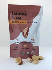 Bag of Balance Beam Selenium-Rich Brazil Nuts with nuts displayed in front on a white background