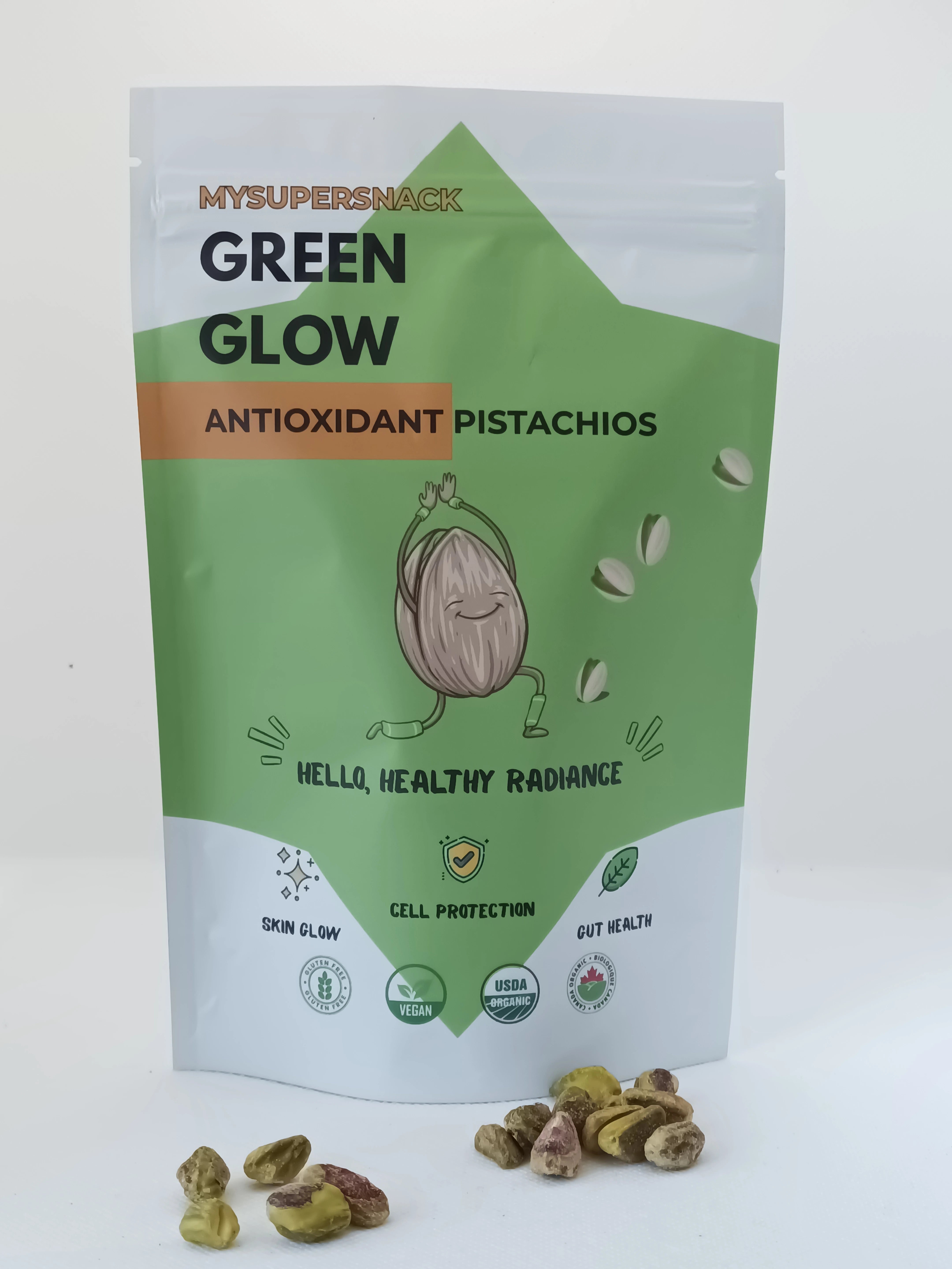 Packaging of Green Glow Antioxidant Pistachios with a white background