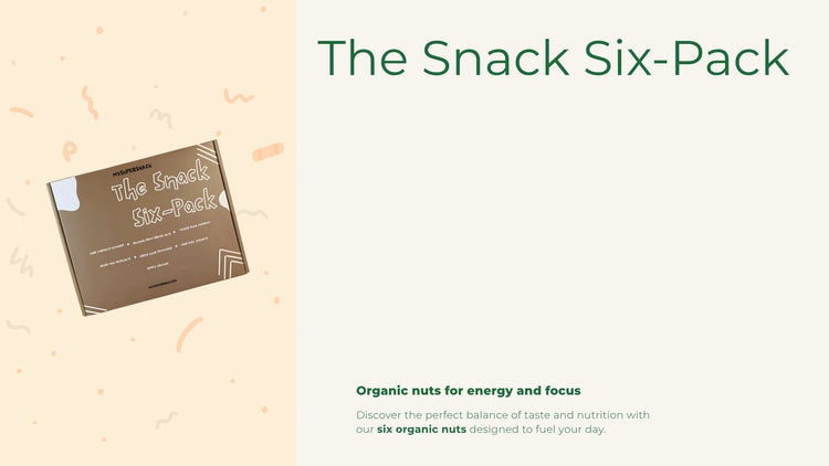 Snack Six-Pack packaging on a beige background with text about organic nuts.